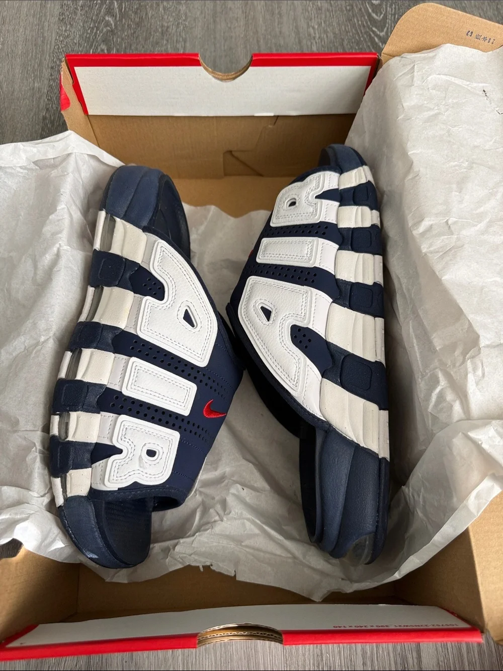 Nike Navy, White and Red Air More Uptempo Slide